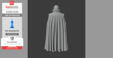 A 3D model of a cloaked figure viewed from the back, with a high collar and flowing cape.
