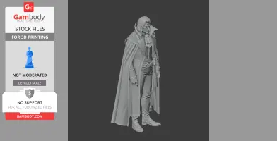 A detailed 3D model of a Victorian-style character with a cape and ornate clothing.