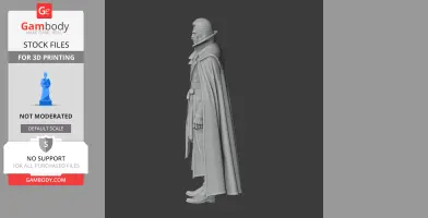 A detailed 3D model of a character in a long cape and boots, shown in a side profile.
