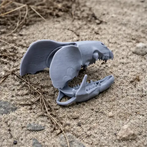 3D-printed Greater White-toothed Shrew skull replica on sandy ground, detailed and gray in color.