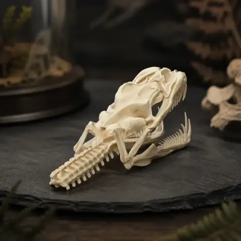 A detailed 3D-printed model of a Green Tree Python skull on display.