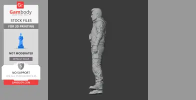Side view of a detailed 3D model figure wearing tactical gear, ready for 3D printing.