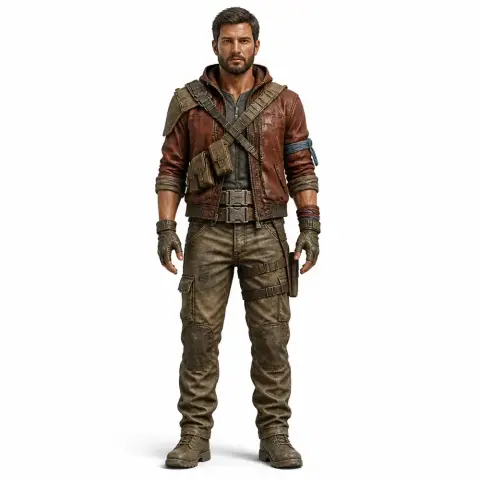 A rugged male figurine in a brown jacket, tactical gear, and boots, designed for 3D printing.