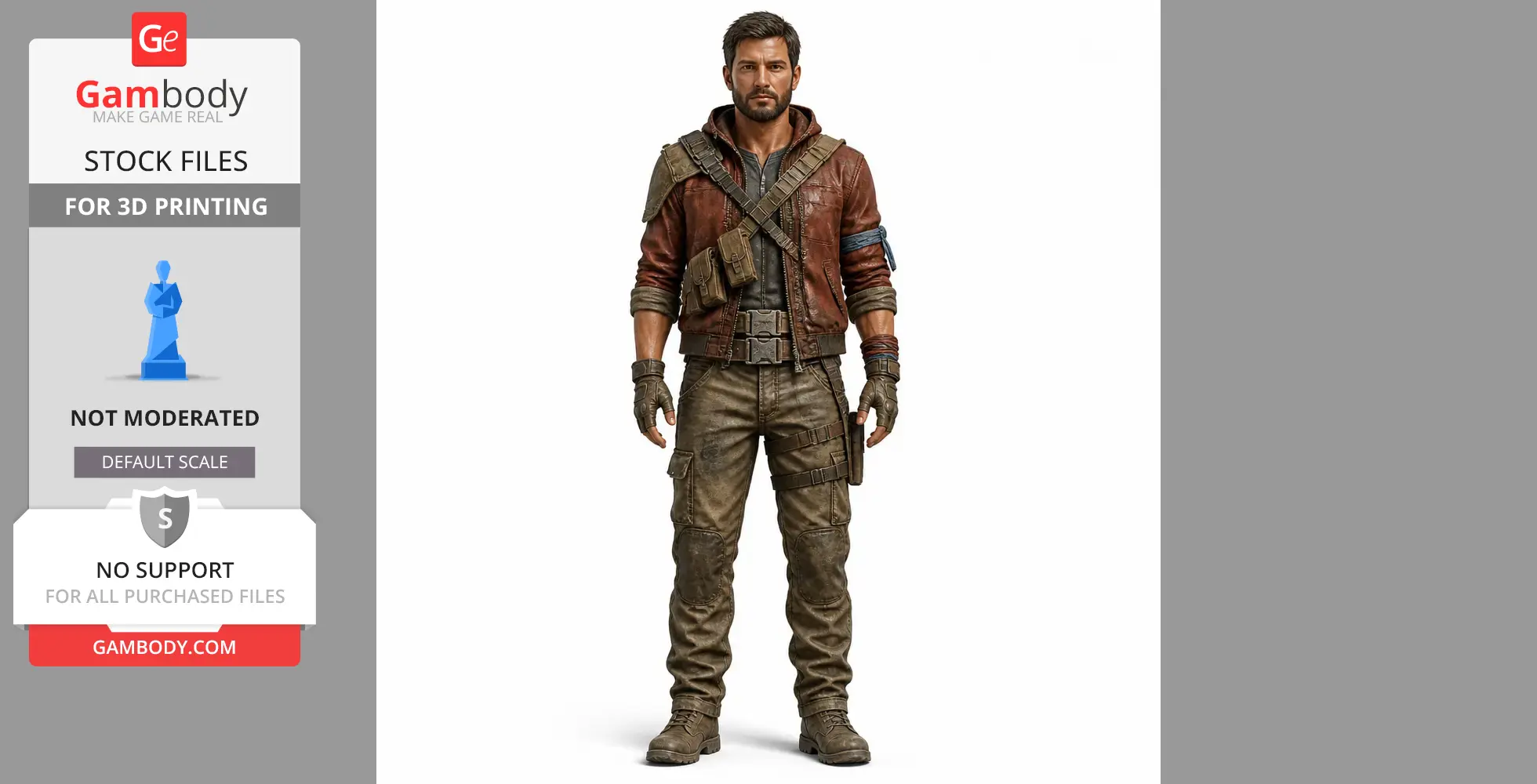 A rugged character figure in casual, tactical clothing with a brown jacket, gloves, and utility belt.