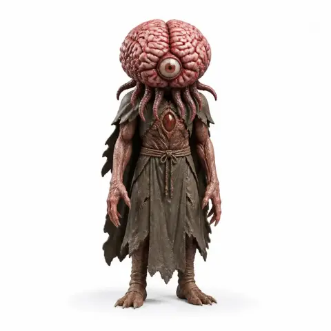 3D model of a humanoid figure with a brain head, single eye, tentacles, and tattered cloak.