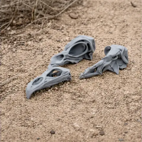 3D-printed Haast's Eagle skull pieces on a sandy ground.