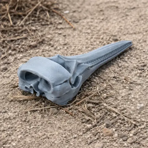 A 3D printed replica of a Hector's dolphin skull on a textured, sandy surface.
