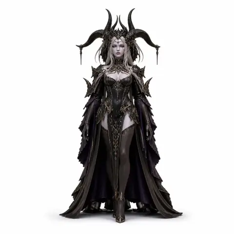 A detailed fantasy figurine with ornate armor, long cloak, and elaborate horned headdress.
