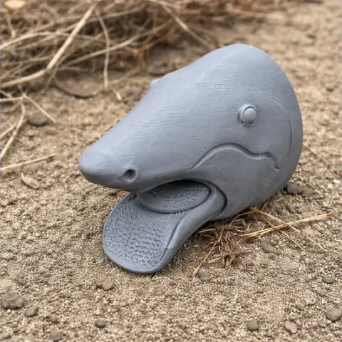 3D-printed gray Helicoprion skull replica placed on sandy ground.