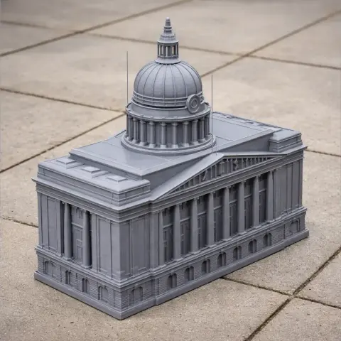 Detailed 3D printed model of Nottingham City Council building with a domed roof and columns.