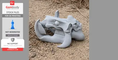 Gray 3D-printed Hippidion skull replica placed on sandy ground.