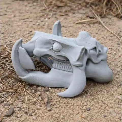 3D-printed gray Hippidion skull replica resting on sandy ground.