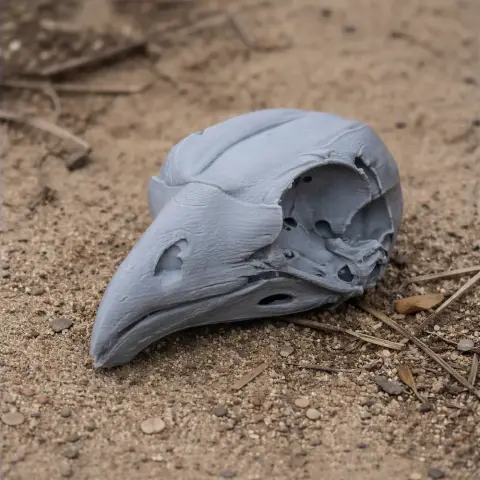 3D printed hoatzin bird skull replica resting on sandy ground.