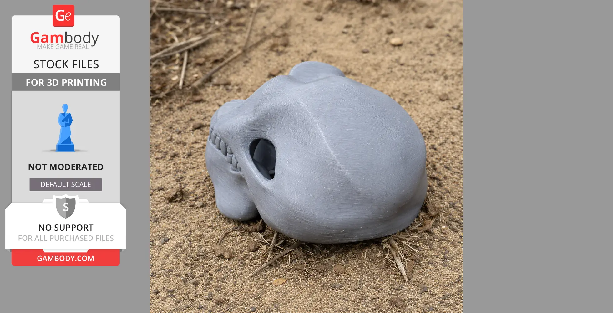 Gray 3D printed Homo Erectus skull model lying on sandy ground.