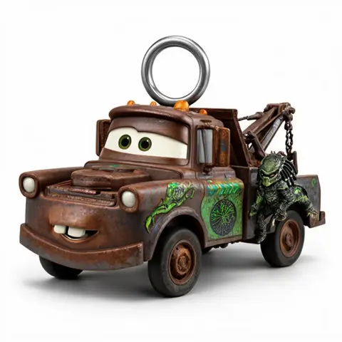 A mashup toy combining a tow truck character with a sci-fi creature, featuring a keyring loop on top.