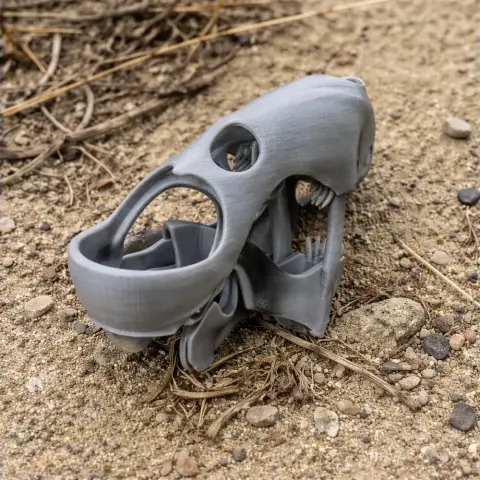 A 3D-printed Gorgonops skull replica placed on sandy ground.
