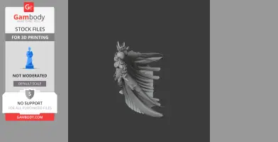 Ornate armored character with flowing cape, headpiece, and intricate details for 3D printing.