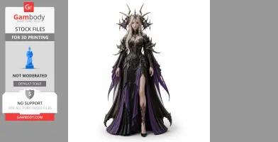 A detailed 3D model of a fantasy character with ornate armor and a flowing purple-black gown.