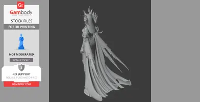 Detailed 3D model of a fantasy character with ornate armor and elaborate cape, ready for 3D printing.