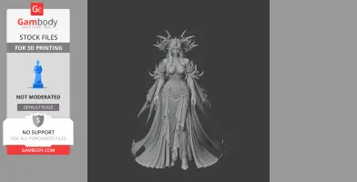 Intricate armored female figure with elaborate headdress and flowing cape, ready for 3D printing.