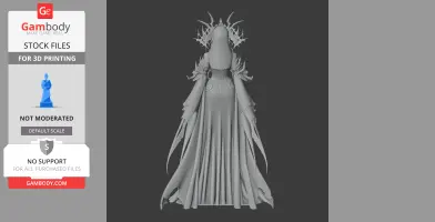A 3D model of a hooded, robed character with ornate horns and elongated arm extensions.
