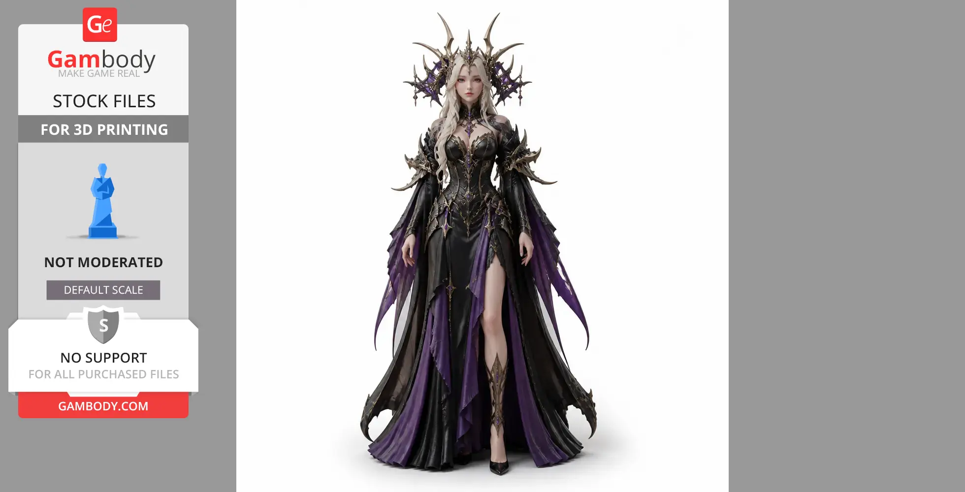 A detailed 3D model of a fantasy character with ornate armor and a flowing purple-black gown.