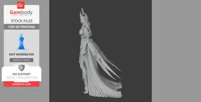A 3D model of a detailed armored character with a cape and headpiece, designed for 3D printing.