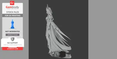 A detailed 3D model of a fantasy character in armor with a flowing cape and ornate headpiece, ready for printing.