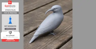 A detailed 3D printed model of a Vanga bird with a curved beak, standing on a wooden surface.