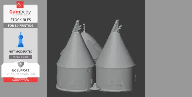 3D model of a traditional oast house with conical roofs, designed for 3D printing.