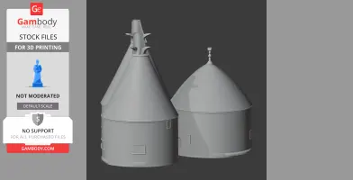 Two conical-roofed oast house structures, side by side, designed for 3D printing.