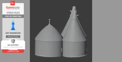 3D model of a traditional oast house with two conical roofs and small windows.