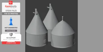 3D model of three cylindrical oast houses with conical roofs and vents, designed for 3D printing.