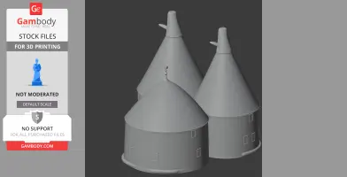 3D model of an oast house with three conical roofs and round bases, designed for 3D printing.