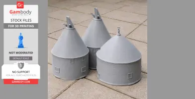 Three gray 3D-printed oast house models with conical roofs and square windows.
