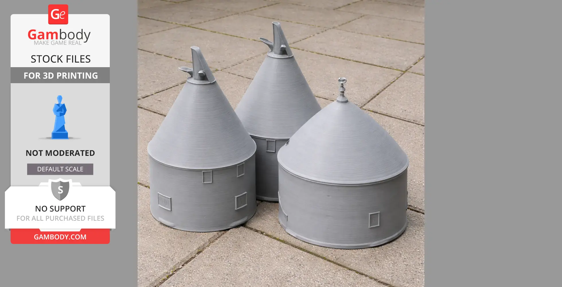 Three gray 3D-printed oast house models with conical roofs and square windows.