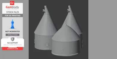 3D model of three traditional oast houses with conical roofs and vents, designed for 3D printing.