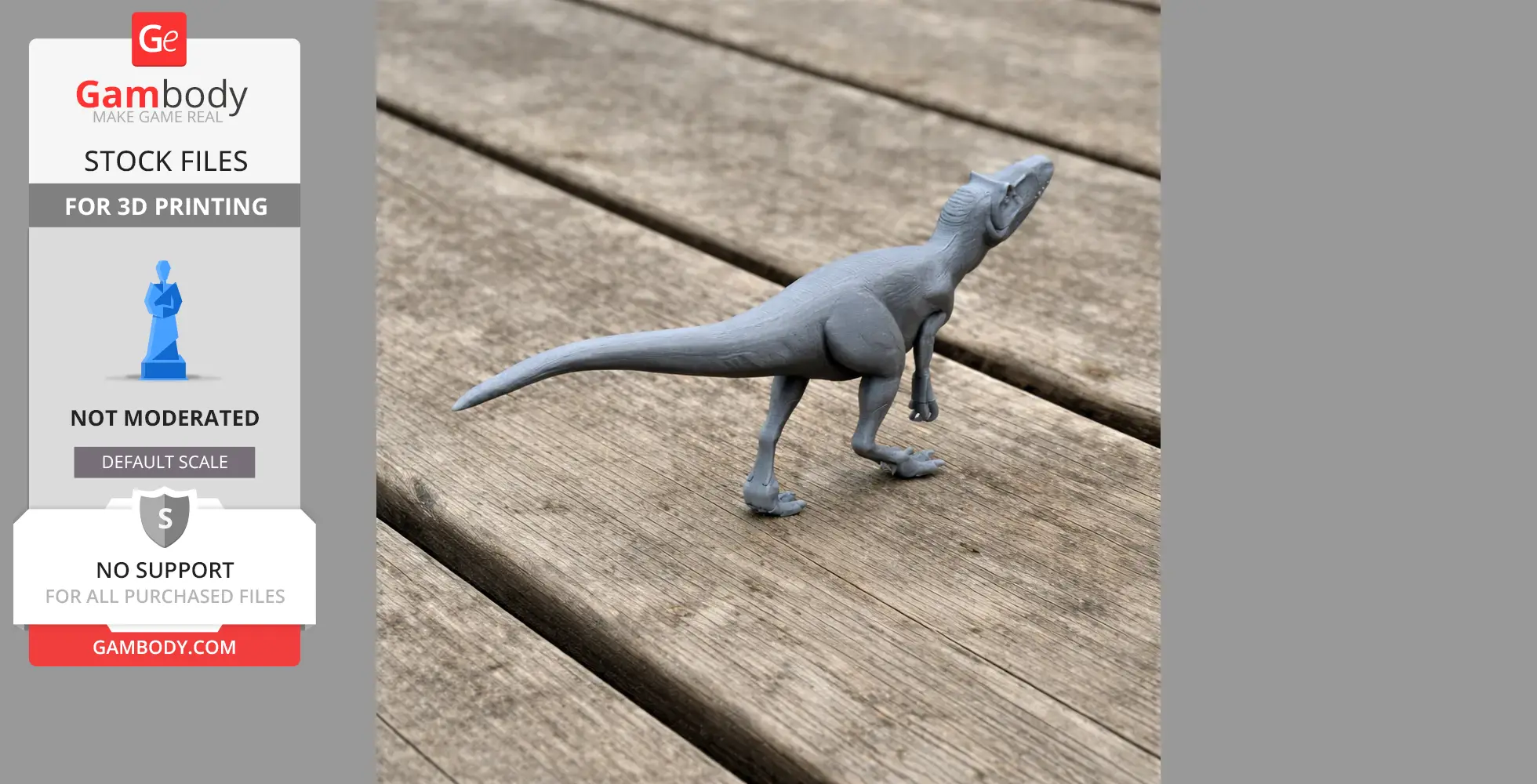 Gray 3D printed dinosaur model with a long tail, standing on wooden planks.
