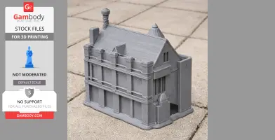Gray 3D-printed model of Old Warden Castle with detailed architectural features on a patio.
