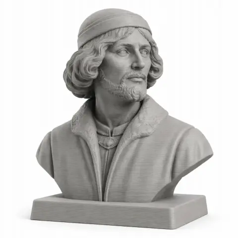Bust of a bearded man with a hat and cloak, inspired by Nicolaus Copernicus, on a rectangular base.