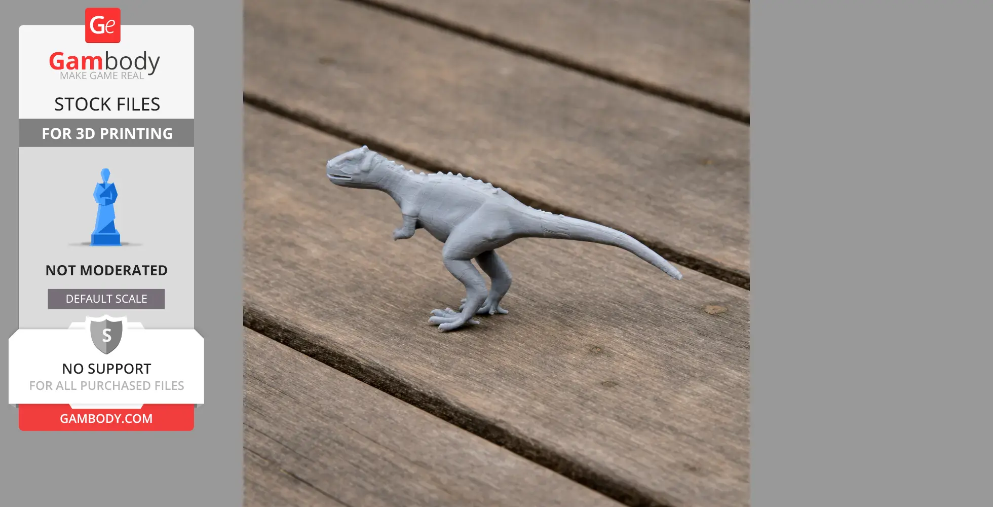Gray 3D-printed dinosaur model on a wooden surface.