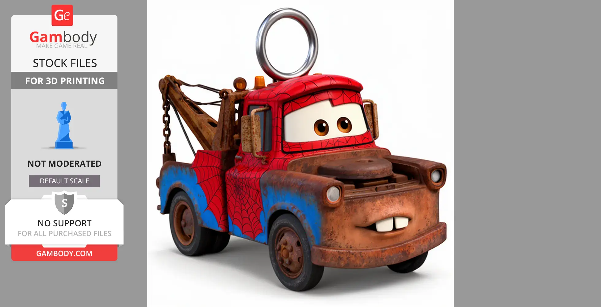 Rusty tow truck in Spider-Man costume with keyring loop on top.