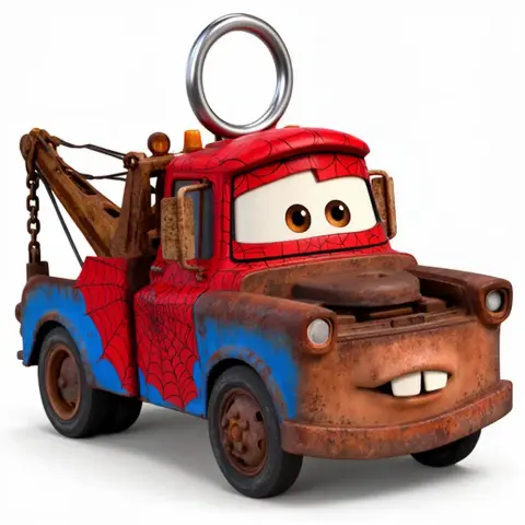 A tow truck with a Spider-Man theme, featuring red and blue web patterns, with a ring on top.