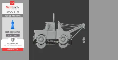 A 3D model of a tow truck with a side view, showing detailed wheels and crane parts.