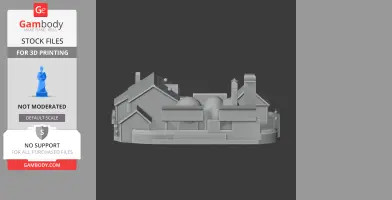 Miniature fantasy building model with domes and chimneys for 3D printing.