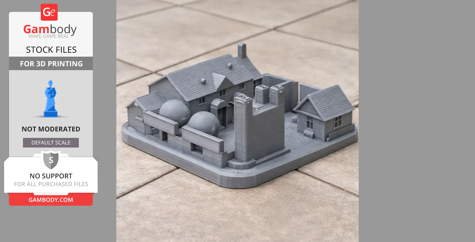 Miniature gray 3D-printed architectural model with houses and cylindrical structures on a base plate.