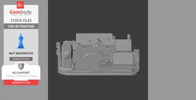 A 3D model of a small, detailed village house with chimneys, windows, and textured roofs.