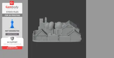A 3D model of a compact, abstract architectural scene with various buildings and rounded structures.