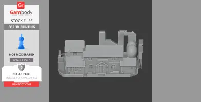 A detailed STL model of a small house with chimneys and various architectural elements.