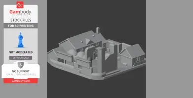 3D model of a small, detailed house with surrounding structures on a base platform.